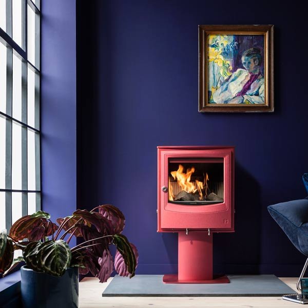 Stove shown: Farringdon Small Eco freestanding stove in Spice red with colour-matched optional pedestal