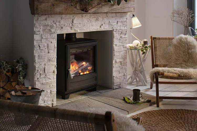 Arada Ecoburn 5 Widescreen stove in fireplace