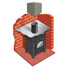 Stove connected to a sound chimney with connecting flue terminating above the register plate